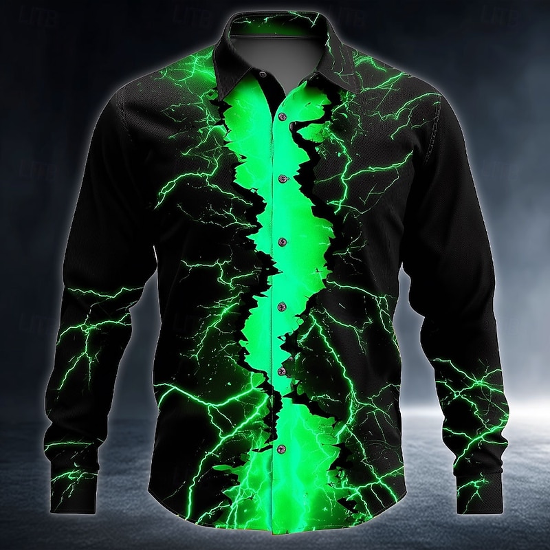 Halloween Men's Optical Illusion Lightning Neon Glow Shirt Button Up Shirt Long Sleeve Dark Punk Gothic Style Outdoor Holiday Summer Spring Turndown 3D Print Collared Shirts Red Blue Purple Orange2