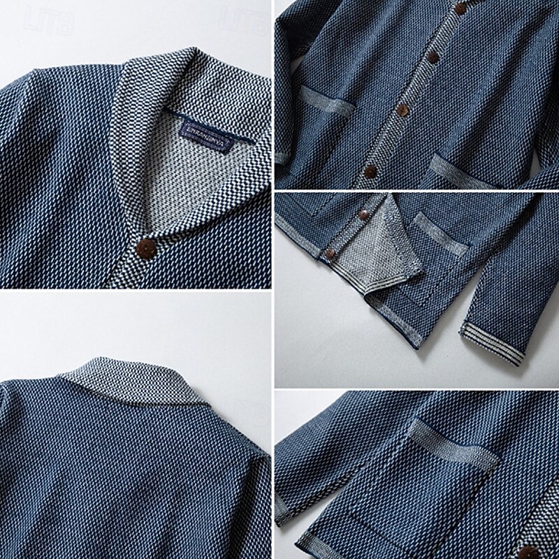 Men's Cardigan Sweater Cropped  Sweater Knit Sweater Ribbed Knit Regular Tops Pocket Buttons Color Block Lapel Fashion Classic Vacation Daily Wear Clothing Apparel Fall Winter Navy Blue M L XL4