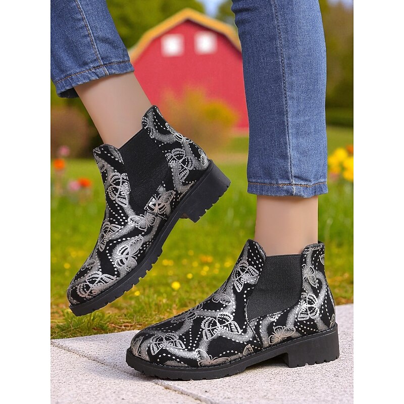 Women's Black Ankle Boots with Silver Butterfly Print – Casual Stylish Low Heel Chelsea Boots for Work, Shopping and Outdoor Wear2