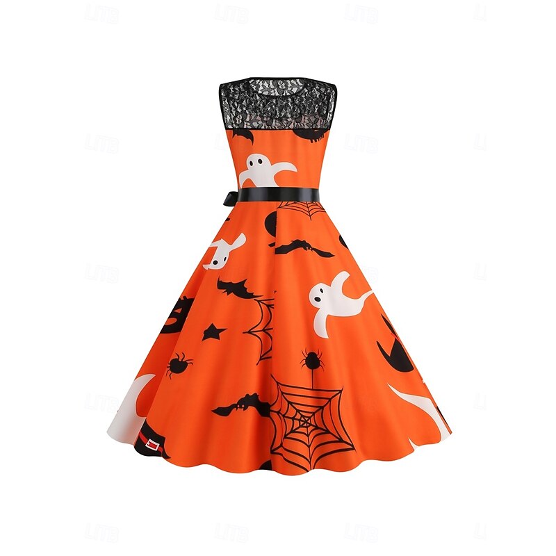 Halloween Women's Pumpkin Print Midi Dress A Line Dress Casual Daily Holiday Regular Fit Pumpkin Bat Sleeveless Crew Neck Black Dark Red Red Orange Summer Spring Fall3