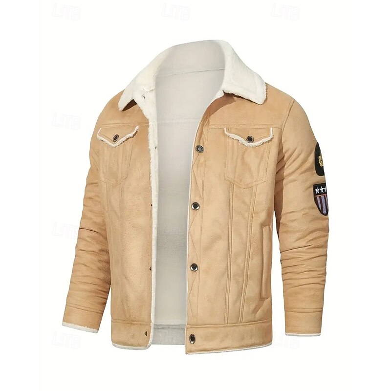 Men's Winter Jacket Fleece Jacket Casual Jacket Vacation Daily Thermal Warm Pocket Fleece Fall Winter Plain Fashion Streetwear Lapel Regular Black Khaki Jacket