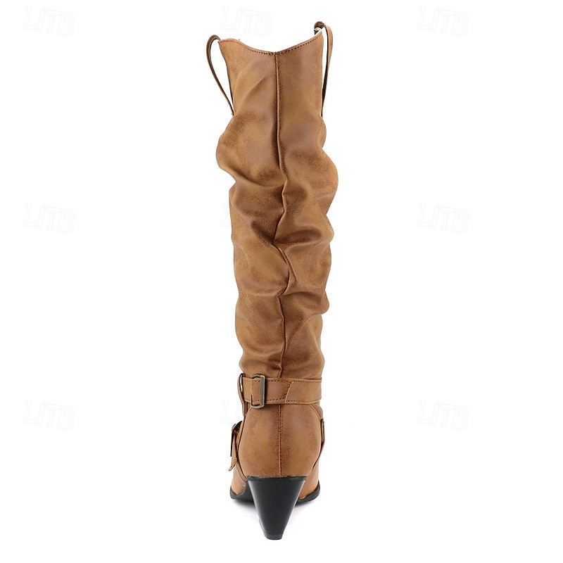 Women's Slouchy Knee-High Boots with Buckle Strap and Stacked Heel, Versatile Casual Footwear Available in Multiple Colors for Fall and Winter4