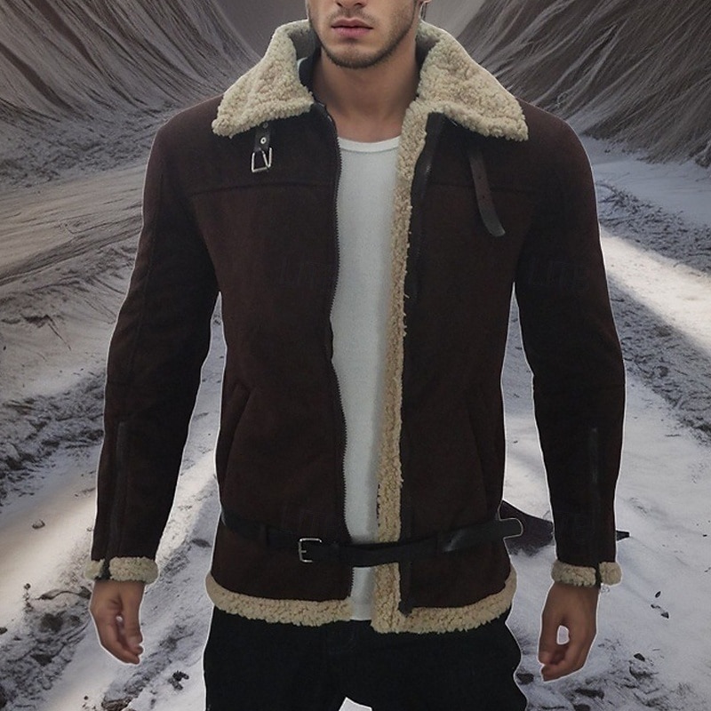 Men's Winter Jacket Sherpa Jacket Vacation Daily Thermal Warm Pocket Fleece Winter Plain Fashion Streetwear Lapel Regular Black Brown Jacket4