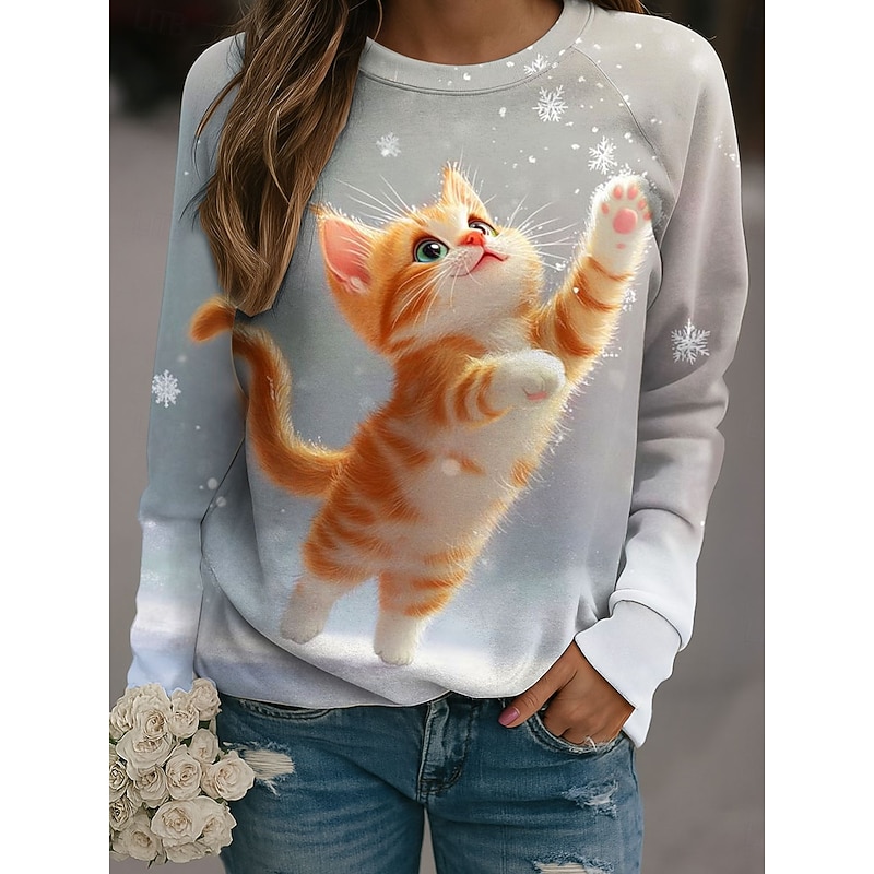 Women's Pullover Graphic Cat Casual Long Sleeve Crew Neck Regular Tops Casual Blue Purple Khaki Gray Fall Winter3