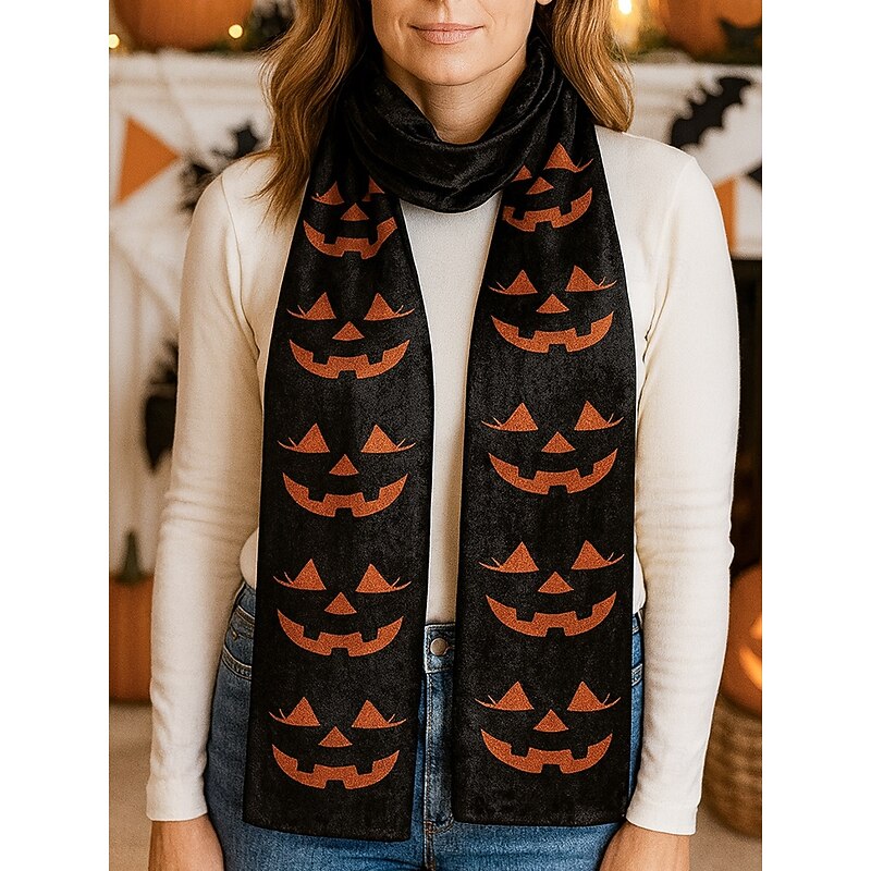 Women's Halloween Printed Scarf – Cozy Long Shawl Wrap with Ghost, Jack-O'-Lantern & Witch Patterns, Soft Lightweight Fall Accessory for Costume Party, Trick-or-Treat, Festivals & Daily Wear