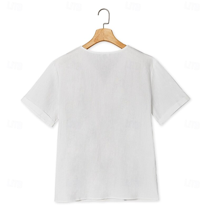 Men's Henley Shirt Tee Top Linen T-Shirt Short Sleeve Short Sleeves V Neck Henley Summer All Seasons Plain Fashion Designer Basic Plain Vacation Street Casual Black White Light Blue Top Tee for Men3