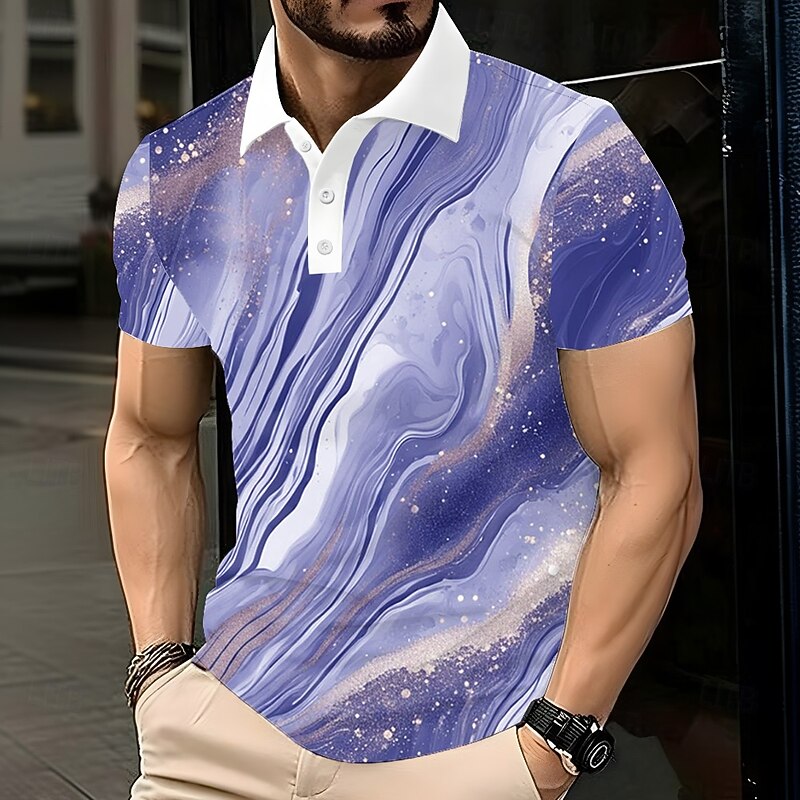 Men's Abstract Geometic Polo Short Sleeve Polo Shirts Lapel Casual Athleisure Daily Wear 3D Print Buttons Summer Lake blue Purple Dark Gray3