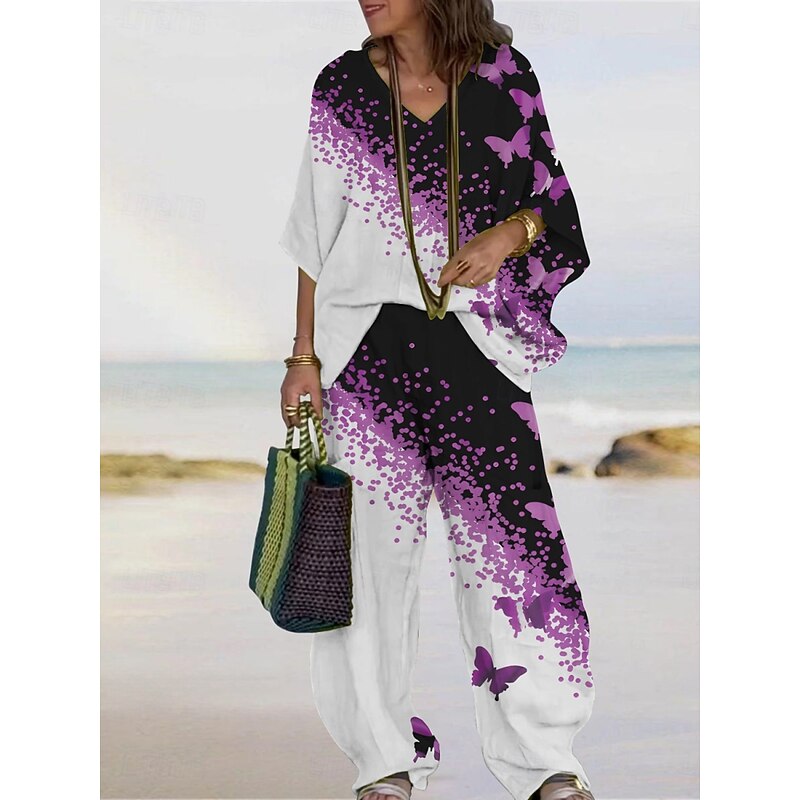 Women's Vacation Fashion Pants Sets 3/4 Length Sleeve V Neck Butterfly Print Vacation Daily Holiday Black Purple Khaki Summer Regular Fit3