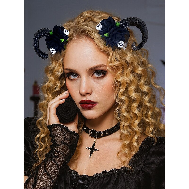 Women's Halloween Gothic Ram Horn Hair Clips - Black Curved Horns with Skull and Rose Accents, Cosplay Costume Headpiece for Witches, Vampires and Spooky Party Outfits3