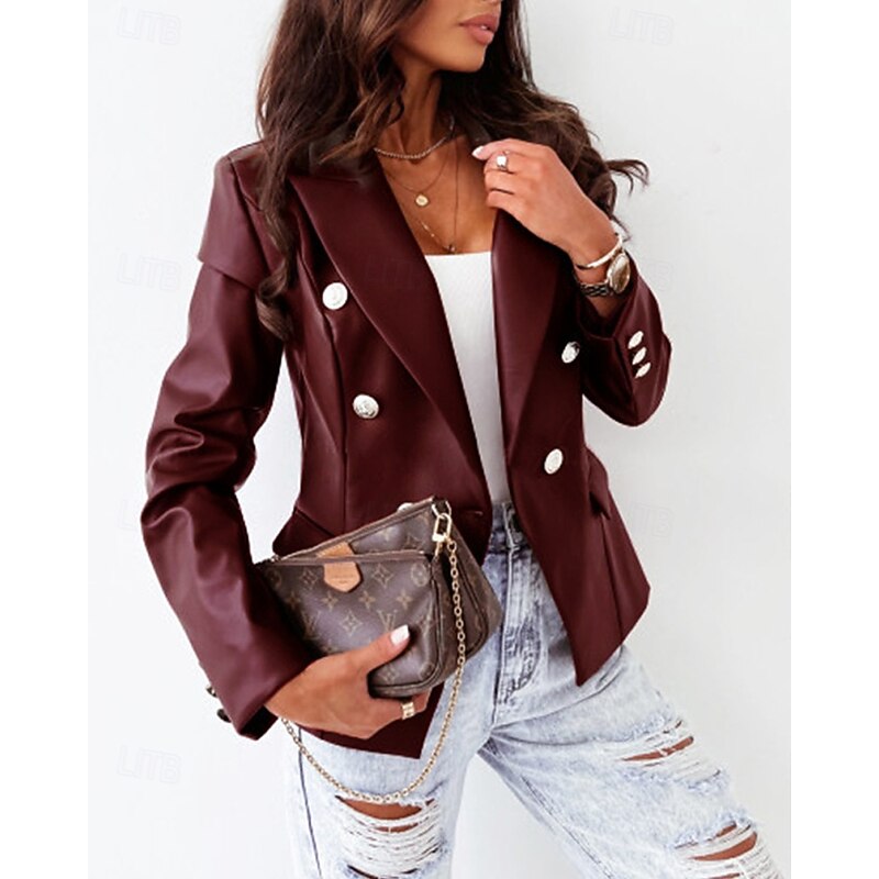 Women's Faux Leather Jacket Casual Jacket Comfortable Buttons Fashion Modern Outdoor Plain Going out Casual Daily Weekend Double Breasted Regular Lapel Regular Fit Long Sleeve Outerwear Black Wine4