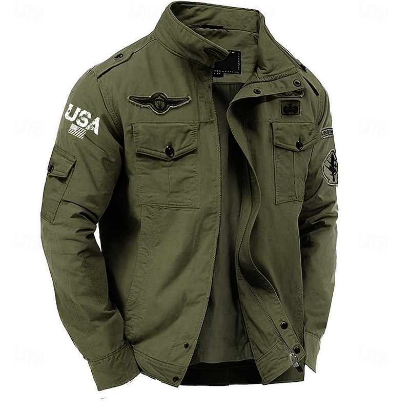 Men's Cotton Embroidered Military Jacket Windbreaker with Shoulder Straps Long Sleeve Standing Collar Multi-Pockets Trucker Jacket USA Flag Print Tactical Outerwear2