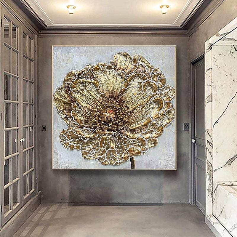 Large Gold Floral Canvas Wall Art Hand Paintings Textured Wall Art, Contemporary Minimalist Wall Art Living Room Bedroom Ready to Hang4