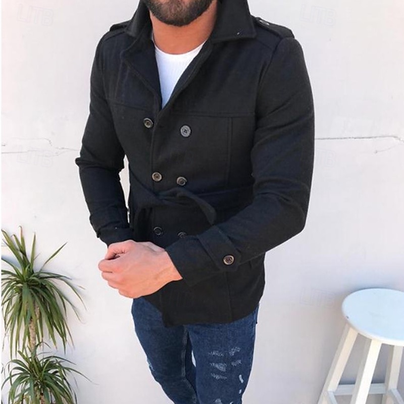 Men's Peacoat Trench Coat Vacation Daily Fall Winter Polyester Thermal Warm Outerwear Clothing Apparel Fashion Classic Plain Pocket Lapel Double Breasted2