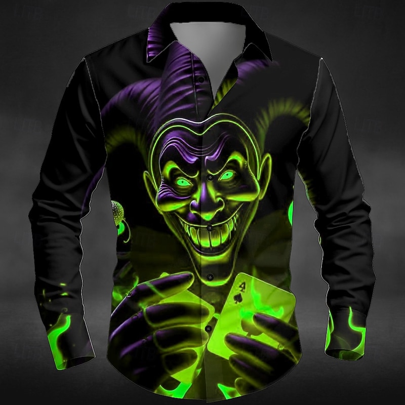 Halloween Men's Neon Glow Halloween Costumes Demon Shirt Button Up Shirt Long Sleeve Dark Punk Gothic Style Outdoor Holiday Summer Spring Turndown 3D Print Collared Shirts Black Green Black and Blue2