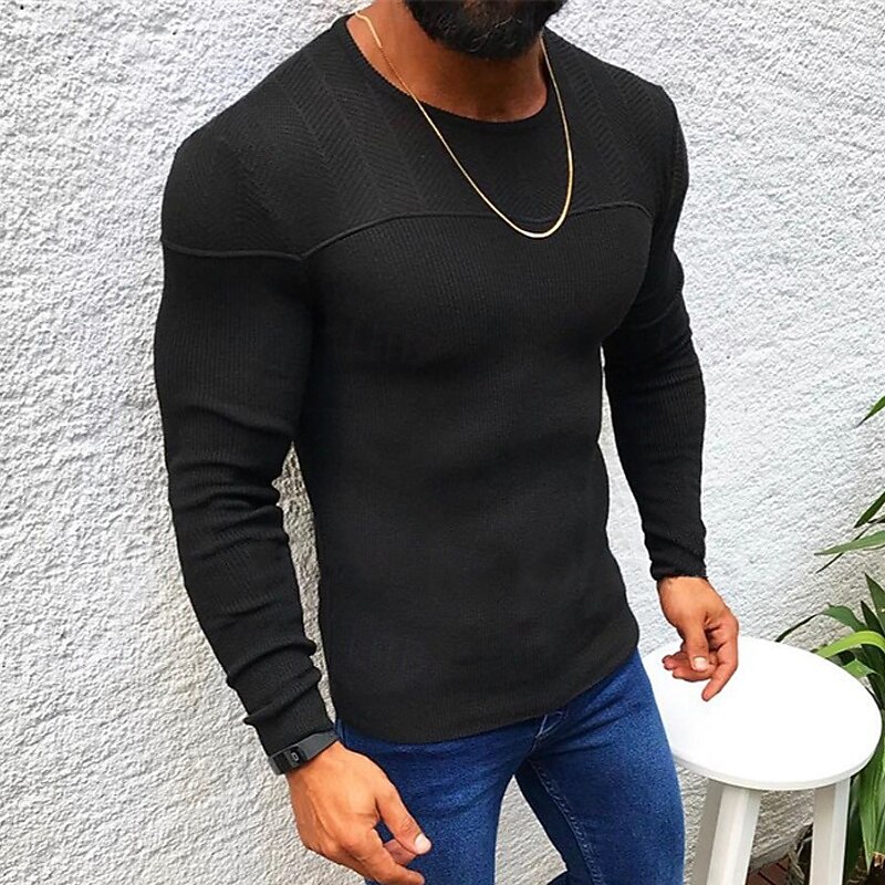 Men's Pullover Sweater Jumper Knit Sweater Ribbed Knit Regular Tops Knitted Plain Crew Neck Fashion Basic Vacation Daily Wear Clothing Apparel Fall Winter Black Gray S M L4