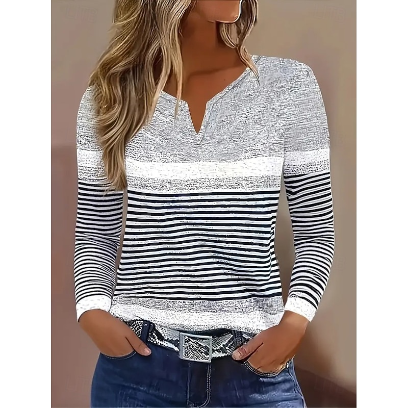 Women's T Shirt Graphic Geometric Striped Vintage Stylish Classic Long Sleeve V Neck Notched Neck Regular Tops Daily Weekend Print Black and White Dusty Blue Gray Spring Fall Winter