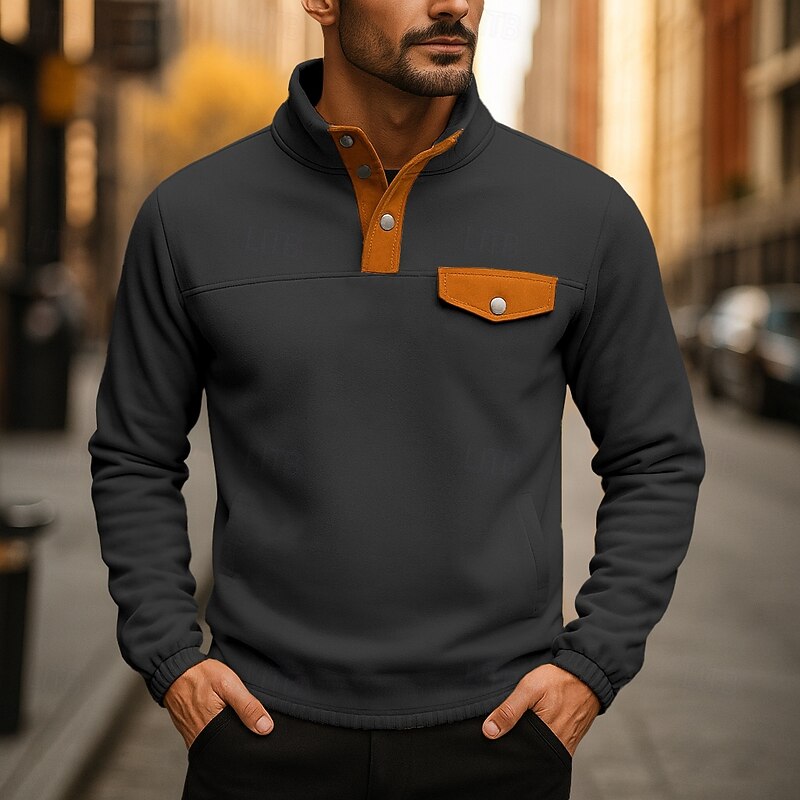 Men's Sweatshirt Pullover Hoodie Sweatshirt Pullover Button Up Hoodie Black White Beige Gray Standing Collar Plain Patchwork Sports & Outdoor Casual Daily Streetwear Cool Sportswear Spring &  Fall4