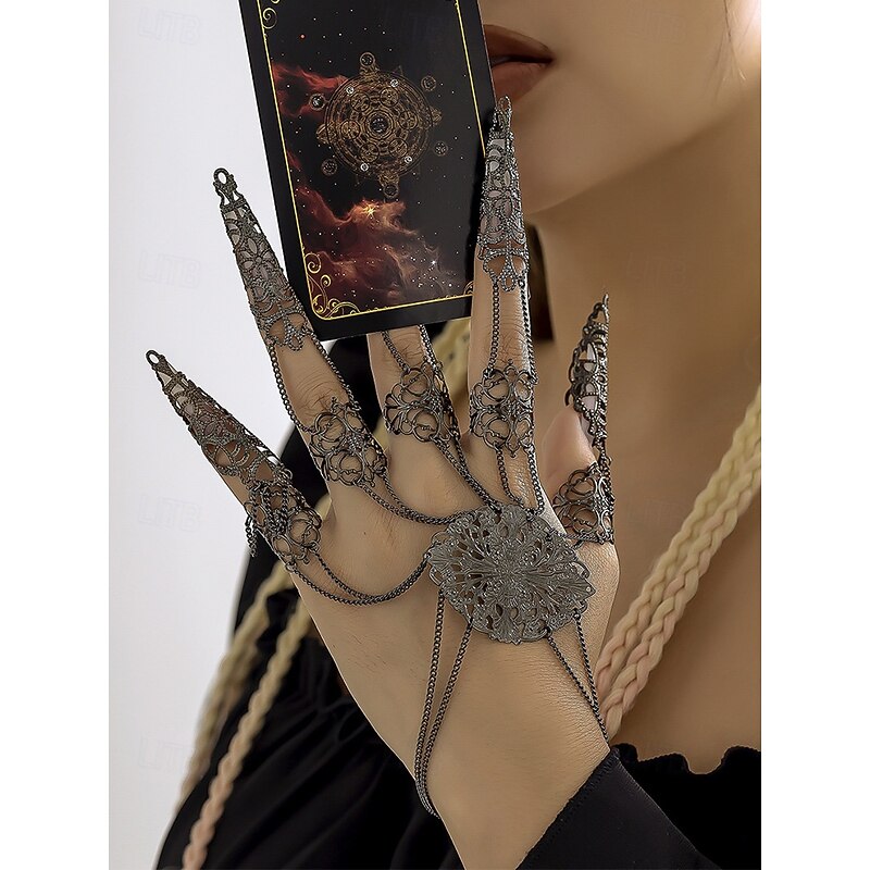 Women's Halloween Gothic Finger Claw Bracelet – Vintage Filigree Metal Hand Jewelry with Chain Links for Costume Parties, Cosplay and Witch Style