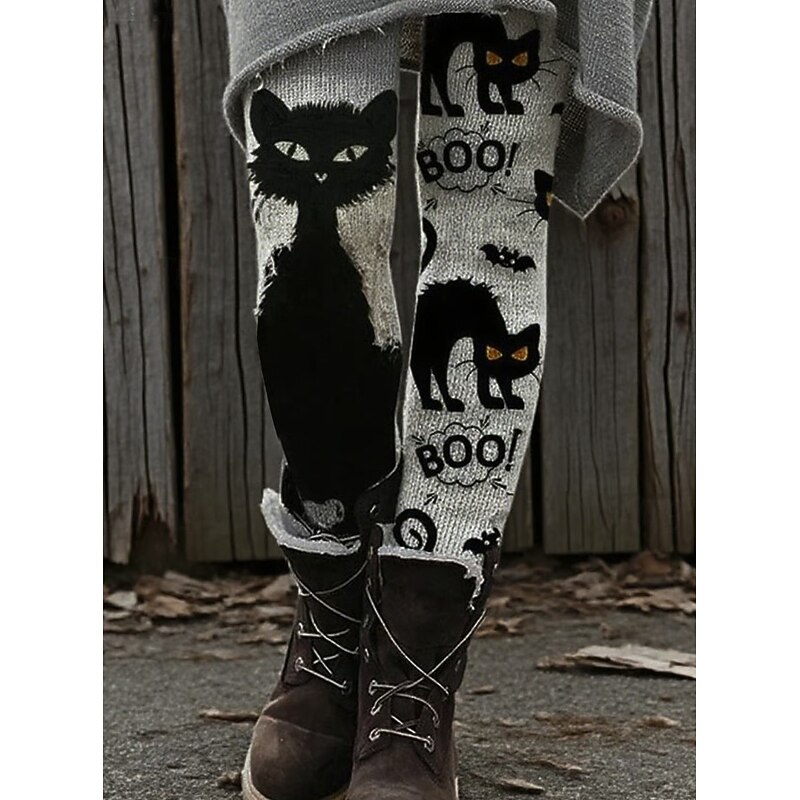 Women's Leggings Vacation Vintage Fashion Full Length High WaistPantsHalloween Graphic Skull Cat Printing Soft Breathable Stretchy Outdoor Vacation Street Dark-Gray Orange Brown Green Spring Fall2