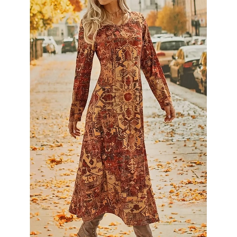 Women's Maxi Dress Sheath Dress A Line Dress Vacation Casual Beach Daily Regular Fit Graphic Geometric Long Sleeve Crew Neck Orange Spring Fall Winter3