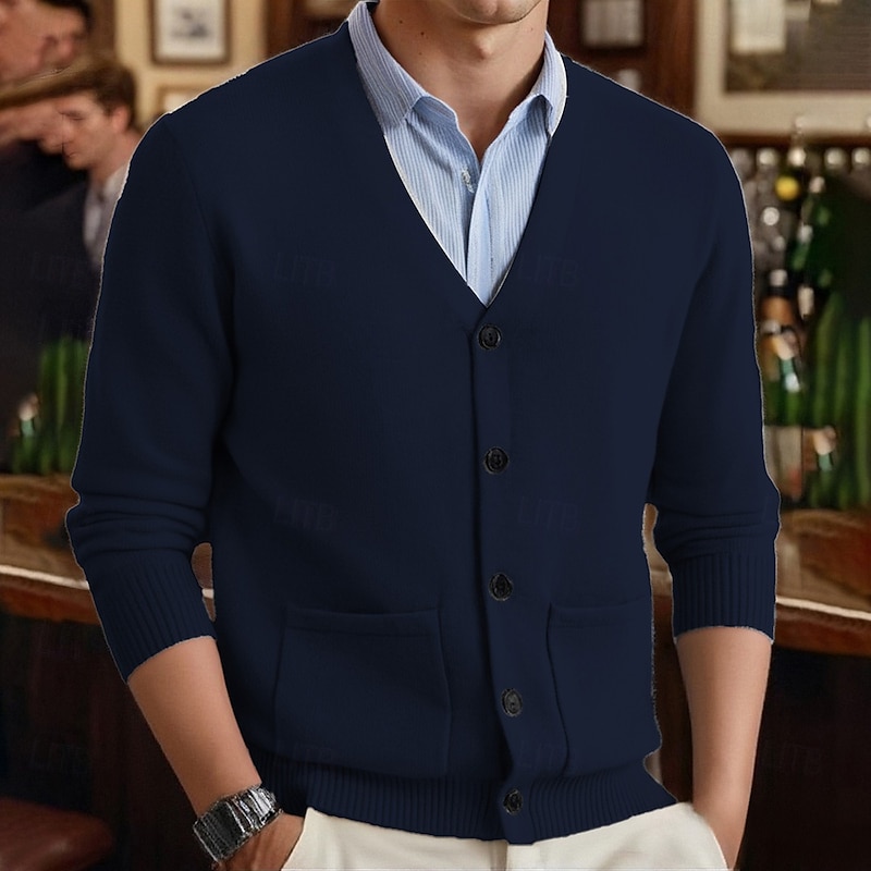 Men's Cardigan Sweater Cropped  Sweater Knit Sweater Ribbed Knit Regular Tops Pocket Plain V Neck Fashion Classic Vacation Daily Wear Clothing Apparel Fall Winter Wine Red Black M L XL2