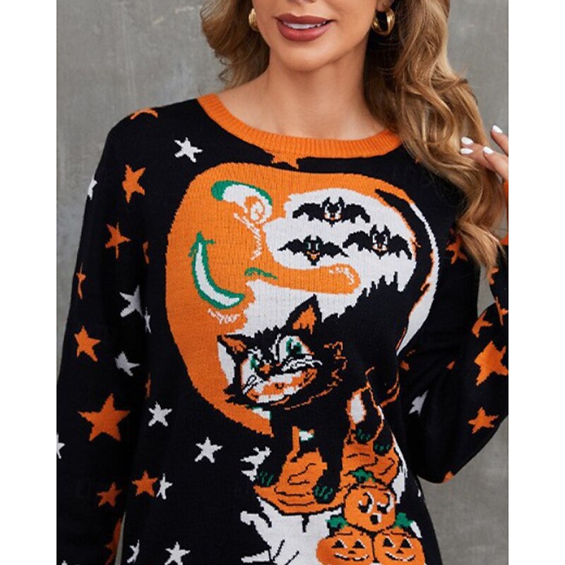 Women's Sweater Pullover Casual Pumpkin Skeleton Ribbed Crew Neck Knitted Print Long Sleeve Regular Tops Knit Halloween Holiday Going out Orange Winter2