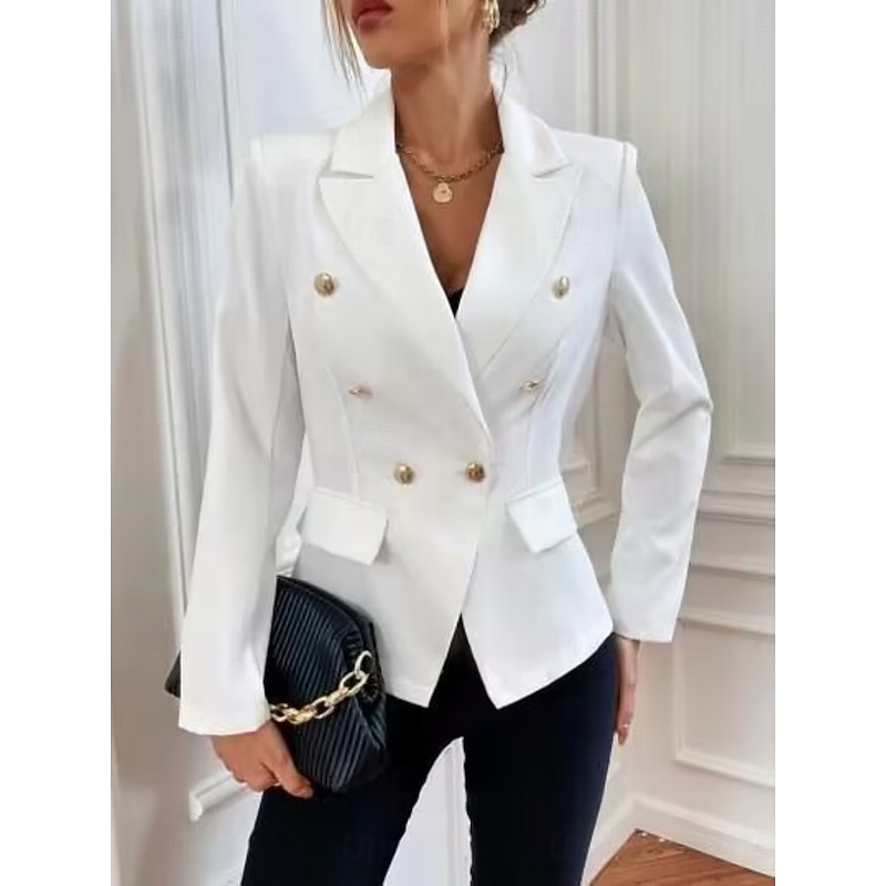 Women's Blazer Comfortable Breathable Pocket Elegant Formal Plain Office Street Casual Daily Wear Double Breasted Regular Turndown Regular Fit Long Sleeve Outerwear White Khaki Summer Spring3