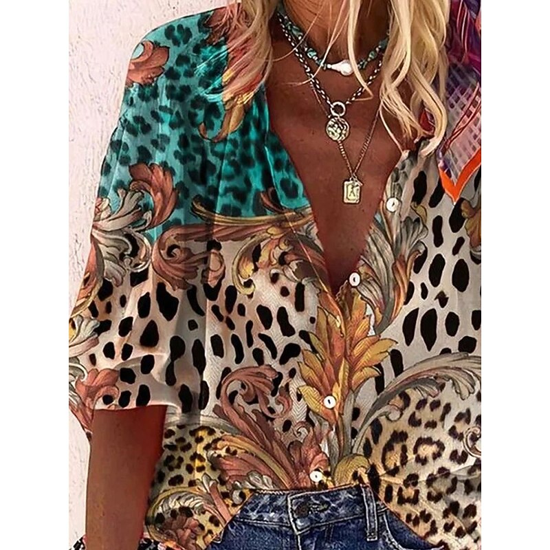 Women's Bohemia Vintage V Neck 3/4 Length Sleeve Graphic Leopard  Daily  Regular Tops Daily Beach Wear Print Maroon Summer Spring Fall2