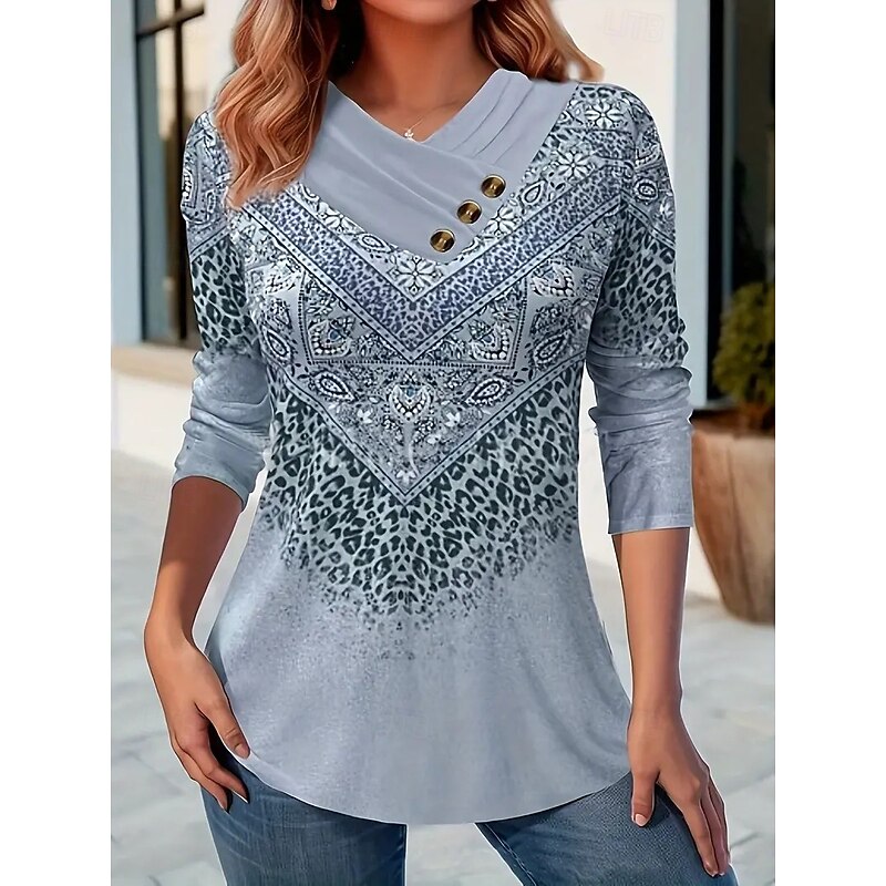 Women's T Shirt Graphic Striped Vintage Stylish Casual Long Sleeve V Neck Regular Tops Daily Weekend Buttons Print Light Green Blue Green Gray Fall Winter2