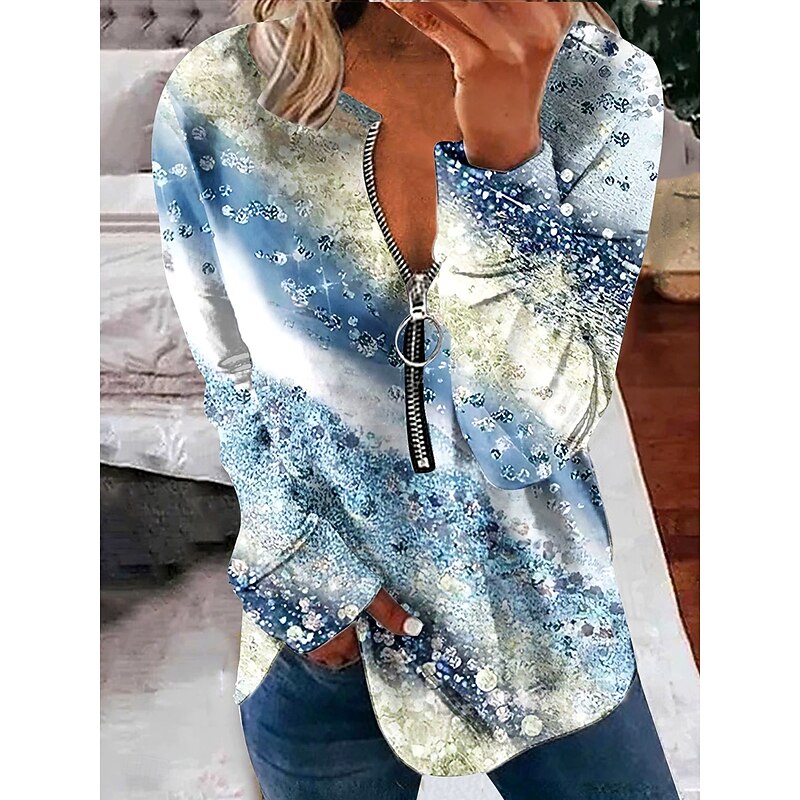 Women's Pullover Sweatshirt Zip Up Sweatshirts Graphic Polka Dot Striped Fashion Casual Long Sleeve Crew Neck Regular Tops Street Dailywear Zipper Print Blue Spring Fall Winter