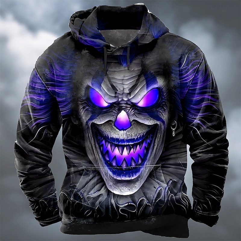 Halloween Men's Creepy Clown 3D Print Joker Hoodie Sweatshirt Punk Exaggerated Long Sleeve Crew Neck Club Streetwear Purple Orange Drawstring Fall Winter Designer3
