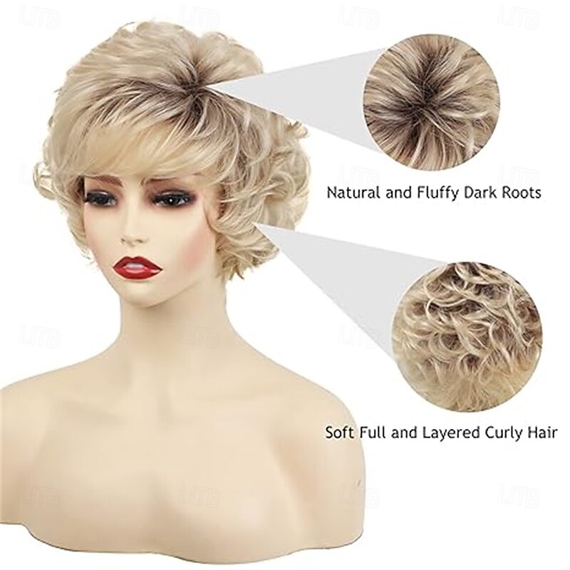 Short Blonde Curly Wigs for White Women Layered Ombre Blonde Pixie Cut Wig with Bangs Natural Looking Synthetic Full Wigs for Daily Party2
