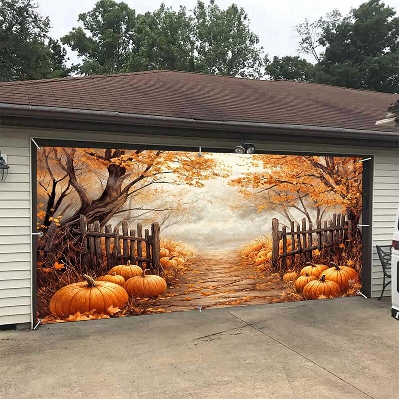 Halloween Garage Door Cover Large Hanging Backdrop Pumpkin Farm Dark Punk Gothic Style Party Outdoor Shooting Backgrounds Front Door Home Decor3