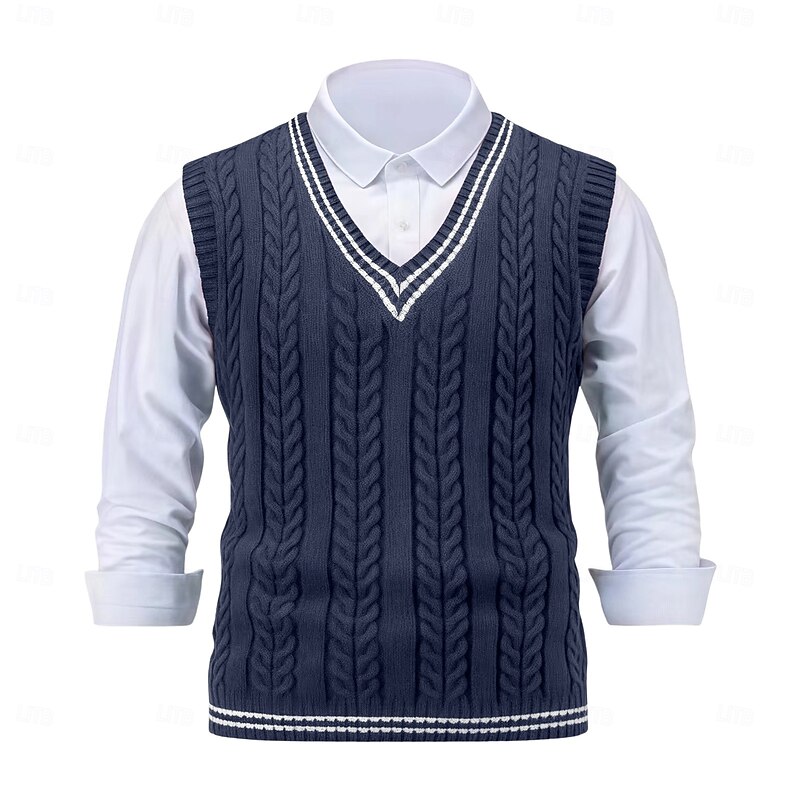 Men's Sweater Sweater Vest Pullover Sweater Jumper Cable Knit Regular Tops Knitted Slim Fit Geometric V Neck Knitwear Contemporary Casual Daily Wear Clothing Apparel Winter Spring &  Fall Black Yellow3