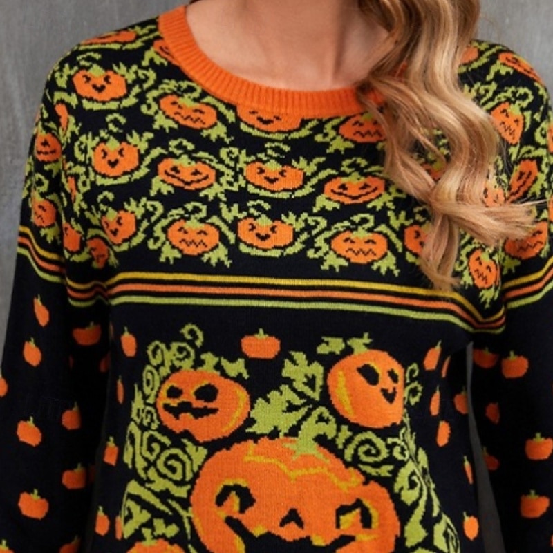 Women's Sweater Casual Pumpkin Ribbed Crew Neck Knitted Print Long Sleeve Regular Tops Knit Halloween Holiday Going out Orange Winter2