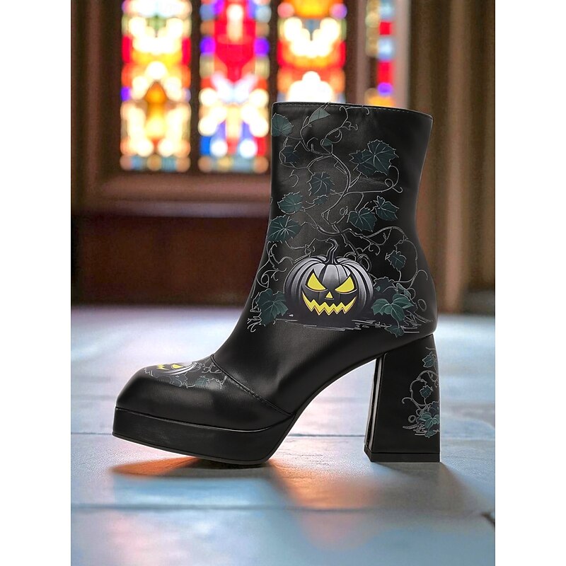 Women's Halloween Platform Ankle Boots – Black Faux Leather with Jack-O'-Lantern Print, Block Heels, and Side Zipper, Spooky Gothic Style for Costume Parties, Themed Events and Trick-or-Treating2
