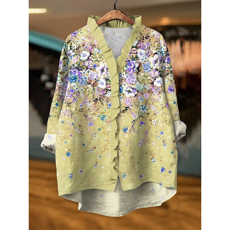 Women's Blouse Floral Graphic Elegant Active Vintage Long Sleeve V Neck Daily Holiday Going out Ruffle Yellow Blue Purple Green Summer Spring Fall4