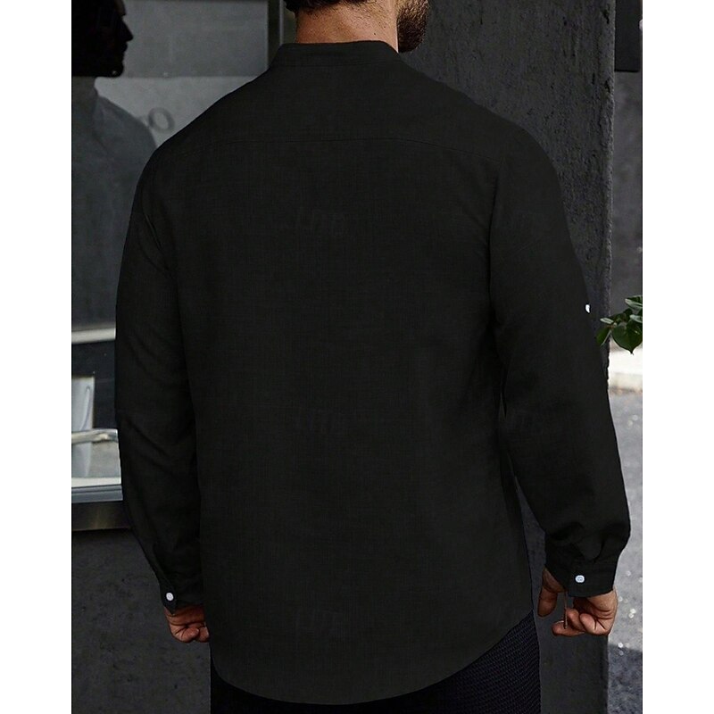 Men's Shirt Popover Shirt Summer Shirt Casual Shirt Beach Shirt Black White Light Green Pink Light Blue Long Sleeve Plain Band Collar Vacation Hawaiian Clothing Apparel Polyester Fashion Casual4