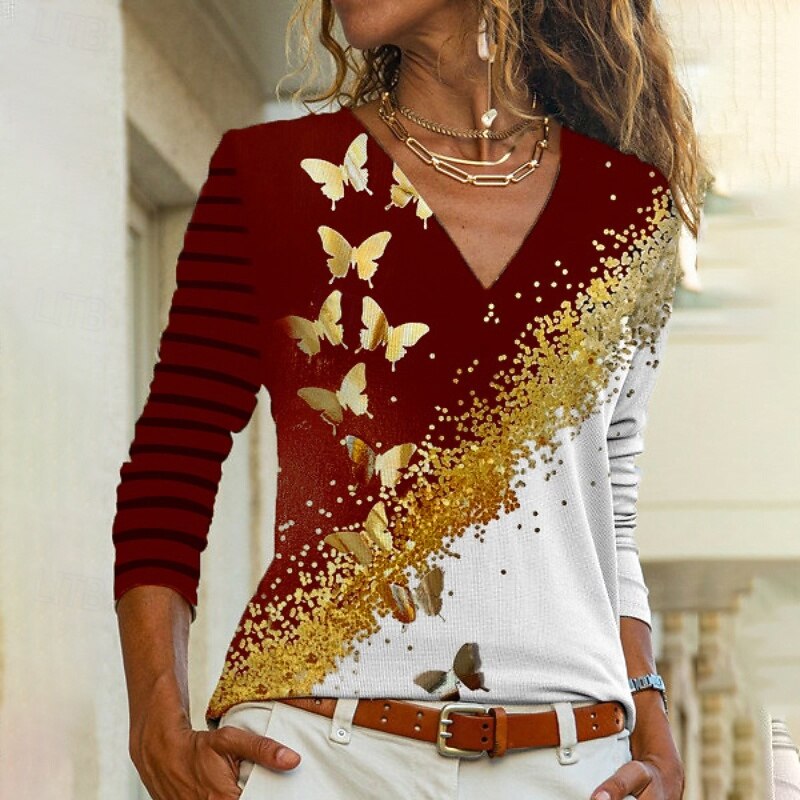 Women's Blouse Butterfly Stylish Modern Long Sleeve V Neck Regular Tops Holiday Going out Print Black Red Blue Green Fall2