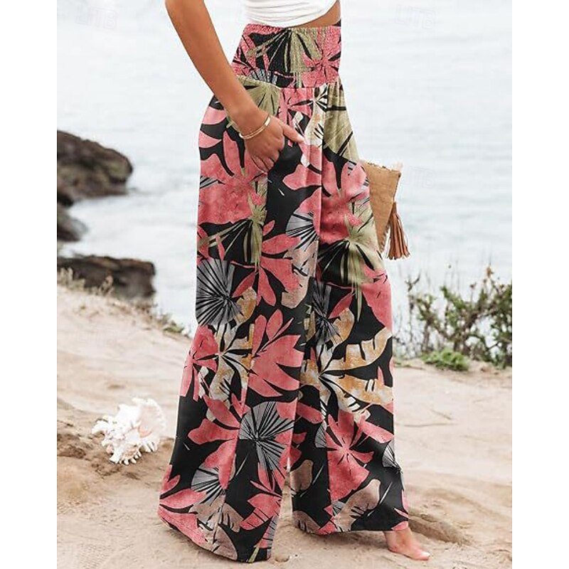 Women's Wide Leg Slacks Streetwear Casual Full Length Natural Flower Pocket Elastic Waist Print Comfy Street Holiday Daily Wear Pink Fall Regular Fit3