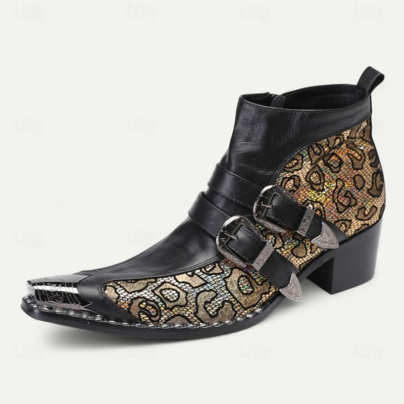 Men's Black and Gold Jacquard Buckle Boots – Vintage Gothic Faux Leather Ankle Shoes for Party, Concerts and Fashion Outfits2