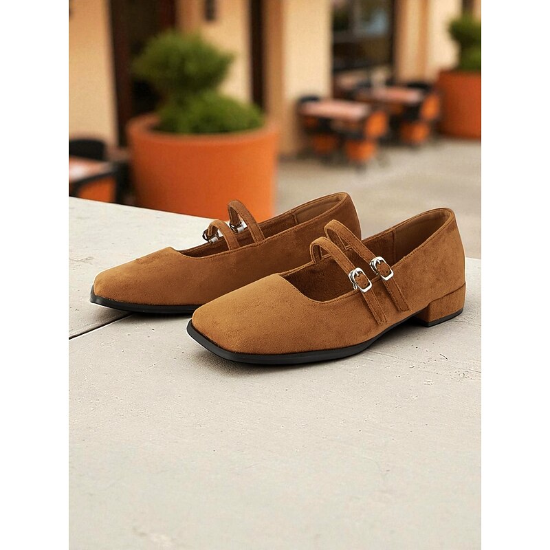 Women's Brown Suede Mary Jane Shoes – Double Strap Square Toe Block Heel Vintage Style Dress Shoes for Office, Casual Outings, and Autumn Fashion Outfits3