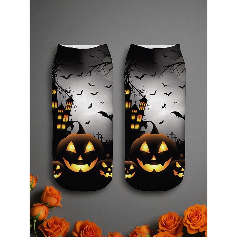 Women's Halloween Print Ankle Socks with Pumpkin, Cat and Haunted House Design - Fun Nightlife Party Hosiery for Costume and Holiday Outfits2