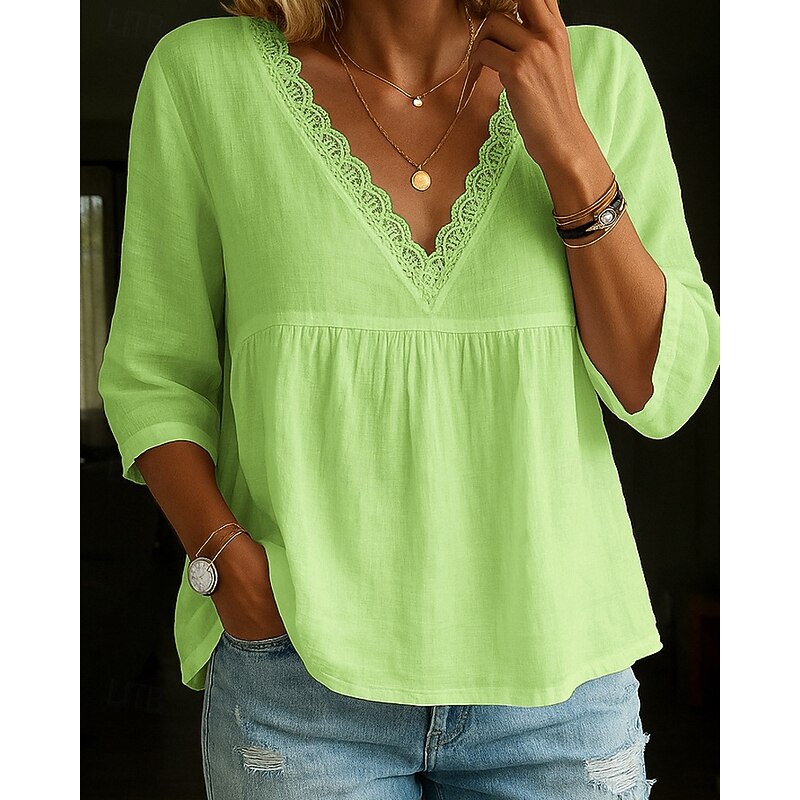 Women's Shirt Blouse Plain Modern Casual Long Sleeve V Neck Regular Tops Daily Going out Patchwork White Yellow Green Light Blue Fall4