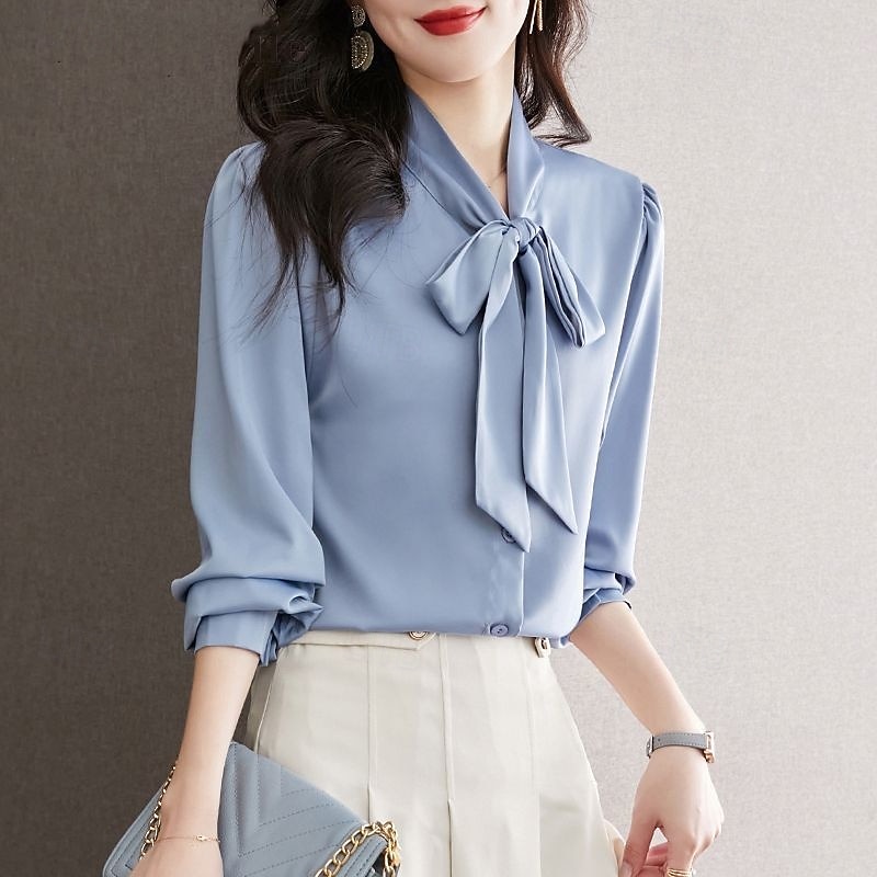 Women's Shirt Plain Stylish Modern Long Sleeve Shirt Collar Regular Tops Daily Holiday Buttons Bow White Blue Spring Fall3