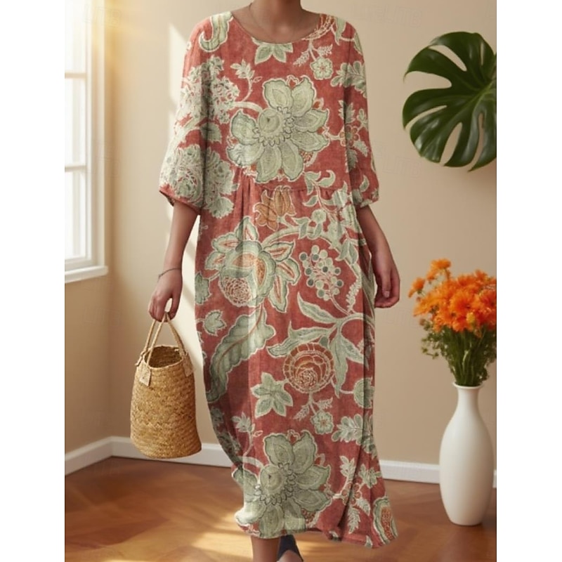 Women's Midi Dress Casual Dress Print Dress Vintage African Daily Beach Weekend Regular Fit Floral 3/4 Length Sleeve Crew Neck Pink Red Fuchsia Green Fall Autumn