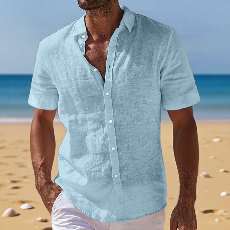 Men's Linen Shirt Summer Shirt Beach Wear Button Up Shirt Plain Vacation Curise Black White Light Green Pink Short Sleeve Turndown Summer Clothing Apparel2