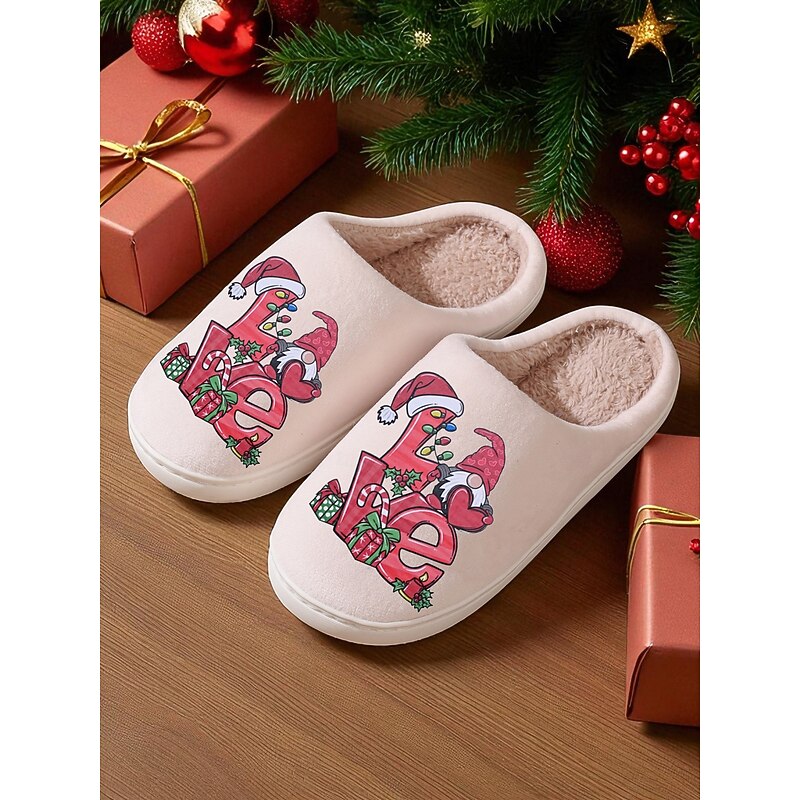 Women's Beige Christmas Slippers with Plush Lining and Festive Love Print – Cozy Indoor Winter Shoes for Holiday, Home and Gift Giving4