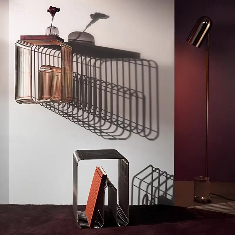 Integrated Sofa Corner Table Small Square Metal Silver Edge Table Geometric Pattern Bookshelf Magazine Rack Wall Mounted Living Room Storage Rack Multifunctional Modern Coffee Table Suitable for Sofas3