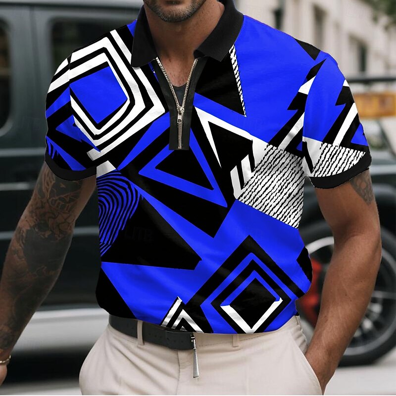 Men's Geometic Zip Polo Shirts Short Sleeve Polo Shirts Collared Shirts Casual Athleisure Daily Wear 3D Print Summer Yellow Red Blue3